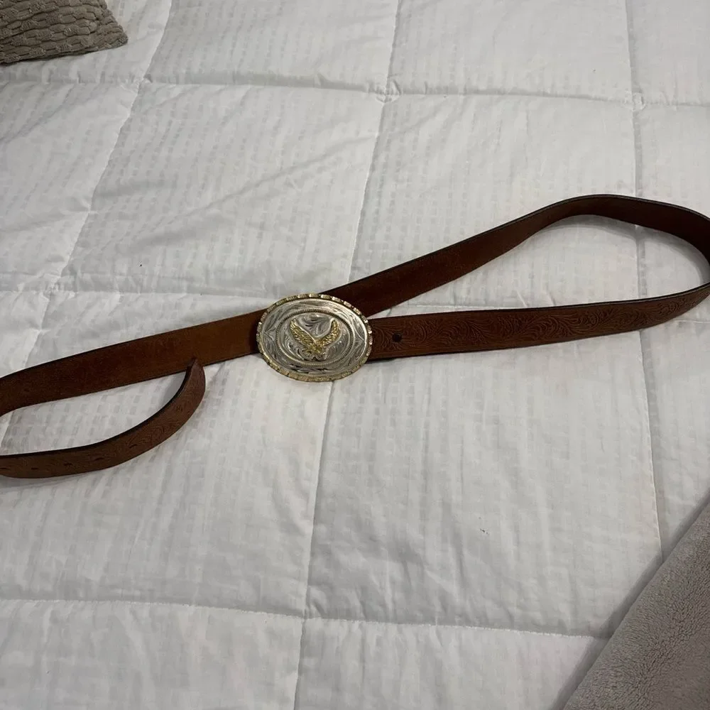 Vintage Justin Leather Belt with R-Strike Eagle Buckle (4”) Western Cowboy